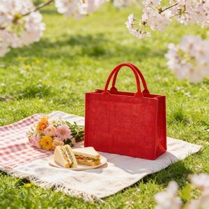 Reusable Natural Jute <b>Red</b> Handle Blank Linen Shopping Tote for Custom Logo Advertising Gift Bag - Product Image 4