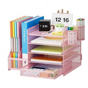 Desk Organizer with File Holder 5-Tier Paper Letter Tray Organizer with Sliding Drawer and 2 <b>Pen</b> Holder Mesh File Organizer - Product Image 4