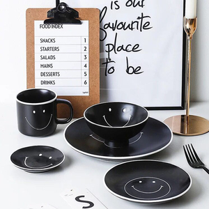 Nhật Bản Phong Cách Nụ Cười Khuôn Mặt Thiết Kế 5Pcs Đặt Bữa Ăn Tối Matt Màu Đen Sứ Bát Đĩa Đĩa Đặt Cho Trở Lại Trường Học - Product Image 2