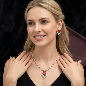 Luxury Gold Plated Brass <b>Ruby</b> Red CZ Gemstone Pendant <b>Necklace</b> Stud Earrings Jewelry Set for Women Wedding Party - Product Image 3