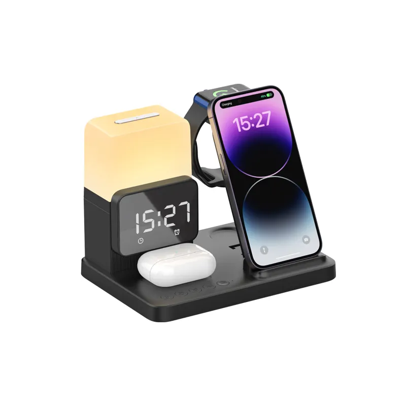 Newest 6 in 1 Wireless Charger Stand Desktop Multifunctional Fast 3 in 1 Alarm Clock Wireless Charger With LED Light