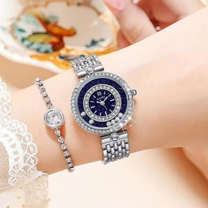Montre élégante pour femme en pierre de grès bleue de luxe personnalisée, bracelet en acier, étanche, avec strass, mouvement à quartz, 30 mm, vente en gros - Product Image 2