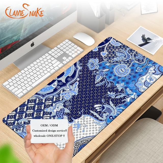 Custom Elegant Blue Wagara Desk Mat Traditional Japanese Mouse Pad for Zen Workspace Flame Snake Design Stock for Gaming Use