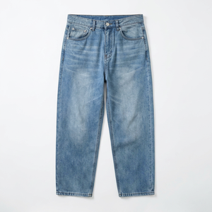 Jean en denim déchiré délavé à la pierre pour homme, taille haute, coupe droite, écologique, coupe régulière, style décontracté, bleu, coton épais - Product Image 1