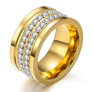 Bague en diamant 10MM, coupe ronde brillante, double rangée, en acier doré, pour femme, à porter au quotidien, bijoux de forme géométrique - Product Image 1