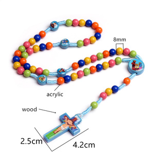 어린이 기도 묵주 8mm 아크릴 구슬 나무 십자가 펜던트 매듭 수제 가톨릭 묵주 어린이용 - Product Image 6