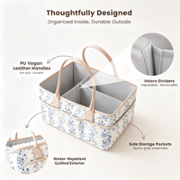 Organisateur de couches pour bébé, design floral, poignées en feutre, polyester résistant à l'eau, grande capacité, dessus ouvert, séparateurs amovibles