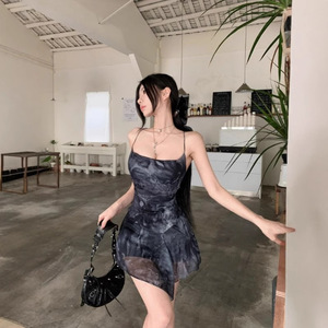 Summer Spaghetti Strap Dress For Women Natural Waist Asymmetric Print Party Casual Short Skirt Irregular Design - Product Image 2
