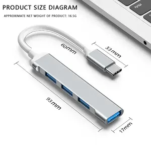 アルミニウム4In1アダプターUsbマルチポートハブ拡張ドッキングスプリッター充電Type-cトラベルコンバーターUsb Cハブ (ラップトップ用)