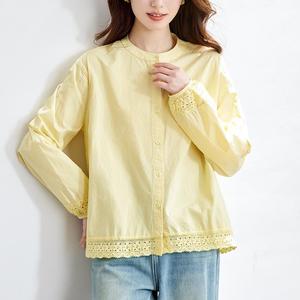 <span class=keywords><strong>Camicia</strong></span> Giallo Cotone da Donna a Maniche Lunghe Estiva Nuova con <span class=keywords><strong>Colletto</strong></span> in <span class=keywords><strong>Pizzo</strong></span> Vestibilità Morbida Effetto Snellente - Product Image 2
