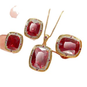 Juego de Joyería Geométrica al por Mayor, 9 Piezas, Chapado en Oro sobre Cobre, con Circonita Cúbica Roja de 12*16-10*12mm, Anillo, Collar y Aretes - Product Image 2