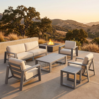 Meubles de patio modernes et luxueux, table et chaises de jardin, ensemble de salle à manger extérieure en aluminium et en bois