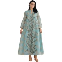 Robe de soirée maxi Abaya Kaftan bleu clair en maille brodée de sequins avec appliqué et col en V pour femme, élégante et décontractée au quotidien, grandes tailles