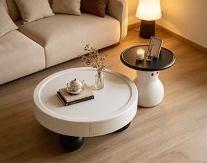 Modern <b>Round</b> Coffee <b>Table</b> With Storage Drawer <b>White</b> Plastic Minimalist Living Room Furniture - Product Image 3