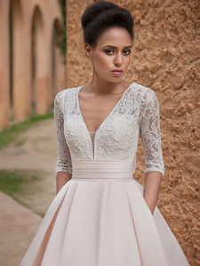 Abiti <span class=keywords><strong>da</strong></span> <span class=keywords><strong>sposa</strong></span> Sexy con scollo a V in pizzo a trapezio maniche a tre quarti <span class=keywords><strong>tasche</strong></span> con perline con fiocco 2021 nuovi abiti <span class=keywords><strong>da</strong></span> <span class=keywords><strong>sposa</strong></span> lunghi fino al pavimento - Product Image 3