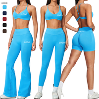 Pantalon de survêtement large pour femme, soutien-gorge de sport sans couture pour le yoga, leggings athlétiques pour femme, short de sport à dos en V, ensemble de yoga évasé