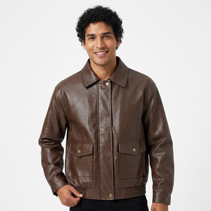 Veste bomber en cuir véritable pour homme, marron, col rabattu, haute qualité, veste en simili cuir rouge pour l'hiver - Product Image 1