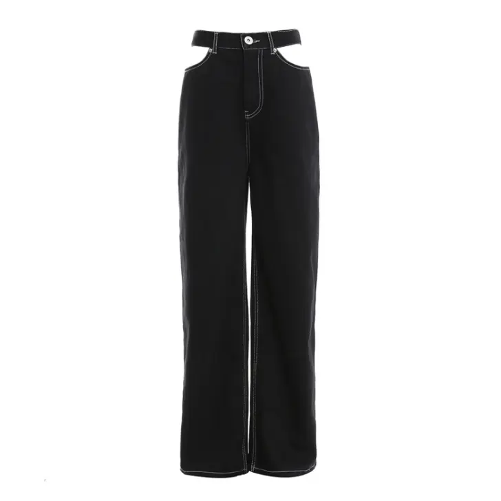 High Street Trousers Hole Low Waist Denim Straight Leg Pants Casual Black Jeans Women