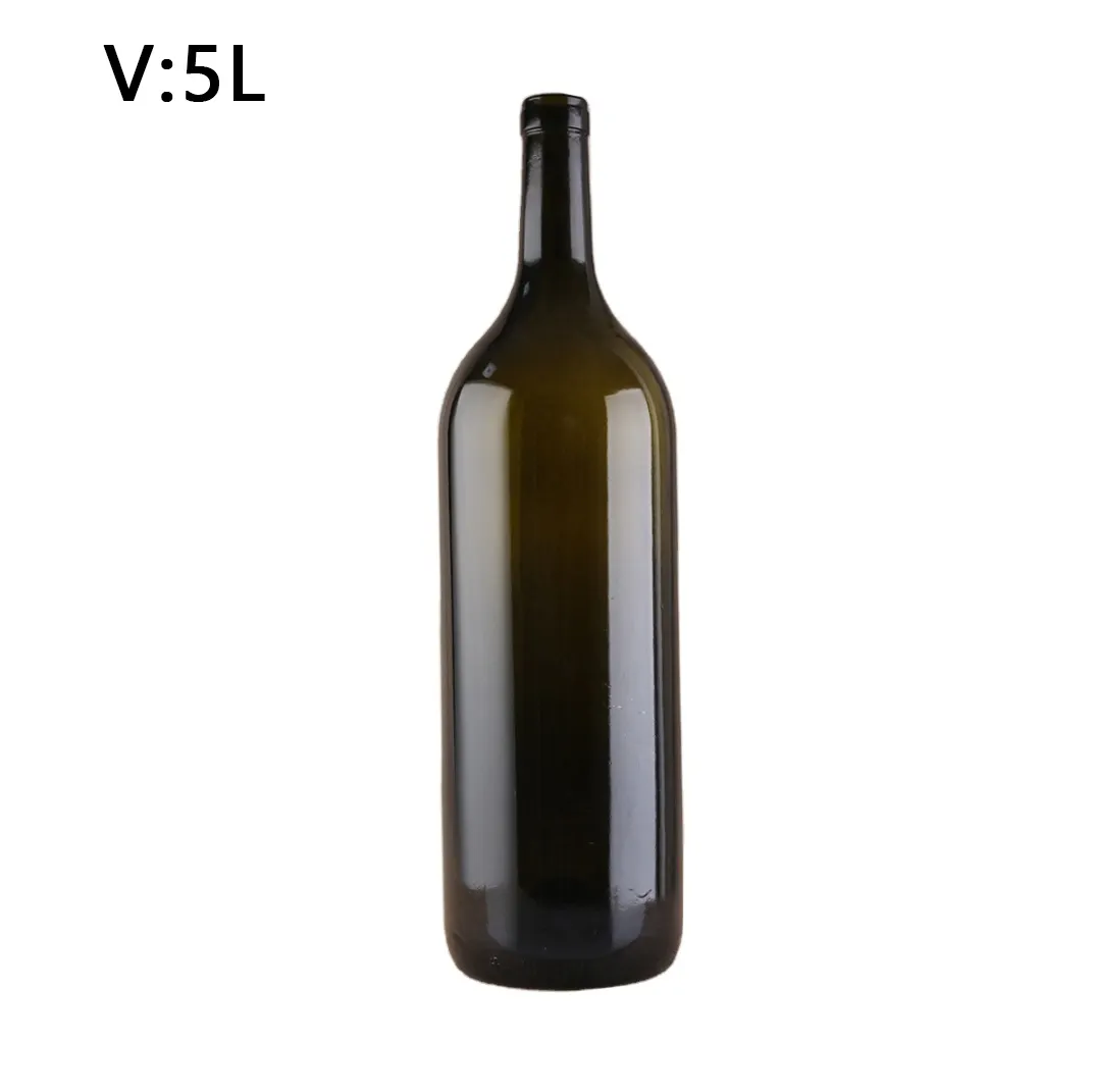 Decorativa botella de 5000ml de color ámbar redonda verde oscuro rojo vino 3L 5L gran botella de vidrio con corcho