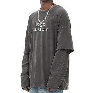 Custom Logo Cotton Double Layer Men Long Sleeve T Shirt High Quality Hip Hop Vintage Wash Men Long Sleeve T Shirt