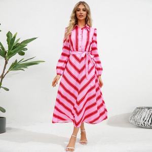 Abito <span class=keywords><strong>Camicia</strong></span> a Righe Colorate di Alta Qualità, Manica Lunga, <span class=keywords><strong>Colletto</strong></span> Rovesciato, Vestito Lungo Casual con Lacci - Product Image 2