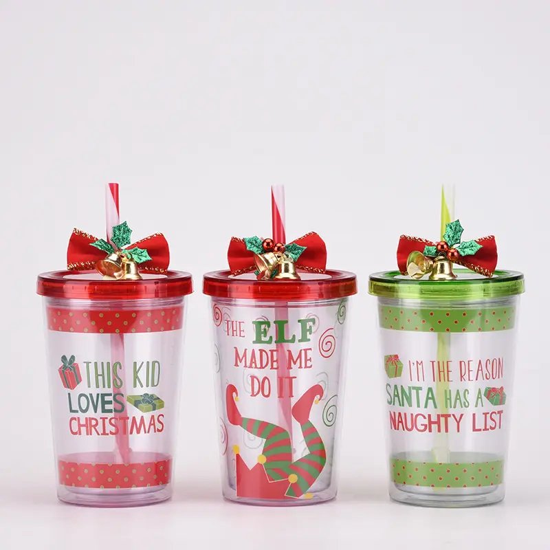 Christmas Drinking Plastic Cup Mug Doppel wand mit Strohhalmen und Deckeln Wieder verwendbare Themen dekorationen Weihnachts geschenke Bow Knot Bell