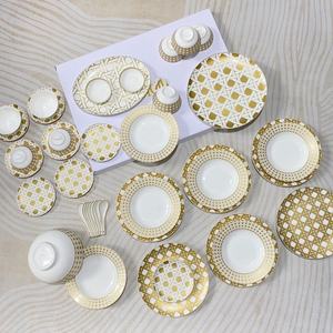 Wholesale 41pcs European Style Porcelain Dessert Plates and Golden Checkered Luxury <b>Bone</b> <b>China</b> <b>Dinner</b> <b>Sets</b> - Product Image 1