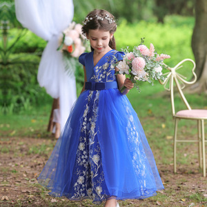 Vestido de niña de las flores con cuello en V, línea A, de tul azul bordado, estilo princesa para eventos de boda - Product Image 2