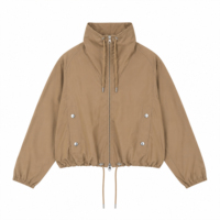 Veste coupe-vent kaki pour femme avec logo personnalisé, col montant à cordon de serrage, fermeture éclair intégrale, manches raglan, poignets élastiques, manteau court d'extérieur