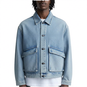 Men's Light Blue Denim <b>Jacket</b> With Turn-down Collar And Button Closure Casual Style Washed Cotton Material Regular Fit - Product Image 1