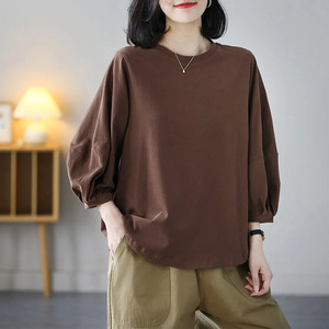 Spring Summer New Arrival Women's Loose Lantern Sleeve T-Shirt Crew Neck Solid Color Casual Three-Quarter Sleeve Top Black - Product Image 2