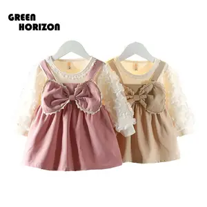 Vert Horizon printemps automne bébé robe filles à manches longues arc princesse seersucker filles robe bébé filles robes bouffantes