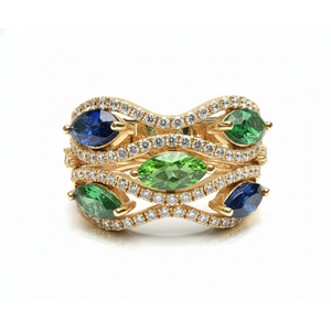 Bague de créateur en or multi-pierres précieuses et diamants, style saphir bleu et émeraude, bijou de mariage de luxe, bague statement - Product Image 1