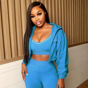 C1586 畅销女式秋季时尚印花纯色运动速干夹克和瑜伽裤三件套 - Product Image 2