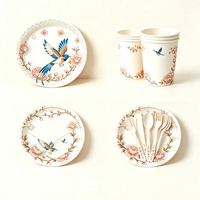 Kit de Vaisselle Jetable de Luxe à Motifs Floraux et d'Oiseaux, Assiettes, Gobelets, Serviettes et Couverts en Papier Écologique 100% Pâte de Bois Vierge