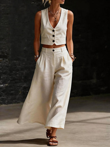 2026 New Women's Old Money Style Linen Blend Two Piece Set S-2XL V Neck Crop Vest + High Waist Wide Leg <strong>Pants</strong> Casual Loungewear - Product Image 1