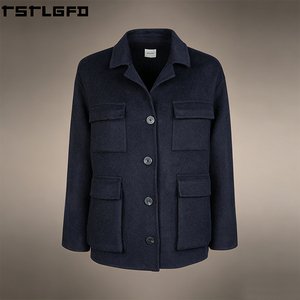 Manteau en mélange de laine personnalisé pour homme, bleu marine, col ouvert, quatre poches, coupe-vent, streetwear, vêtements d'extérieur, fabricants en gros - Product Image 3