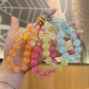 Exquisite Crystal Short Wrist Pendant Mobile Phone Rope Bag Accessory Acrylic Transparent Bow Flower Beaded Keychain