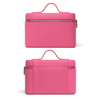 Sac de maquillage de voyage portable en cuir PU rose avec double fermeture éclair, poignée supérieure, grande capacité, organiseur de cosmétiques imperméable pour femmes
