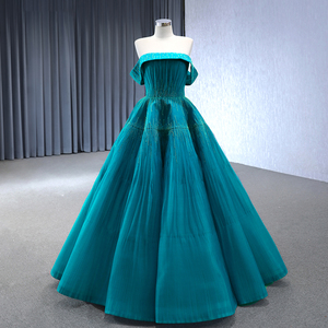Robe de bal de luxe turquoise à bretelles fines, broderie de perles brillantes, modèle Rsm241002-4 - Product Image 2