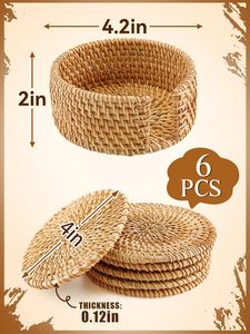 6 sous-verres en rotin naturel faits à la main avec support - Ensemble de sous-verres en osier, cadeaux de pendaison de crémaillère, décoration bohème estivale pour la maison, style côtier - Product Image 6