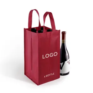 Sac à vin non tissé rouge de haute qualité avec poignées Fabricant en gros Capacité de 2-4 bouteilles avec motif de lettres