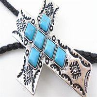 Nouvel Arrivage : Pince à cravate Bolo Western en alliage de zinc tendance avec pierre turquoise et motif croix