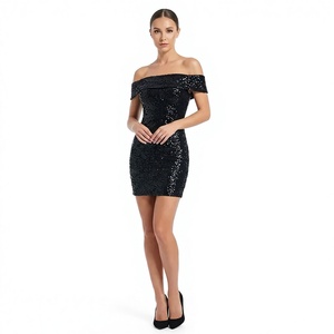 Abito tubino nero sexy senza spalline, lunghezza al ginocchio, moderno ed elasticizzato, da donna, di lusso, con paillettes scintillanti, per feste e serate in discoteca - Product Image 1