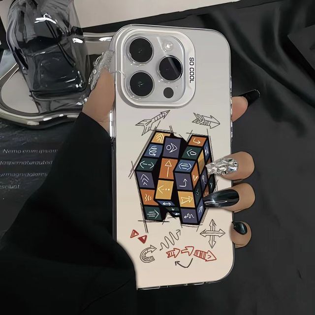 Personalized Silver Phone Case for iPhone XR XS 11 12 13 14 15 16 17Pro Max and 14 Plus Rubik's Cube Arrow Pattern