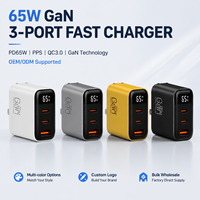 Chargeur rapide GaN 65W Type C PD avec affichage numérique, 3 ports en 1, prise murale pliable pour téléphone, ordinateur portable, tablette, logo personnalisé OEM, vente en gros