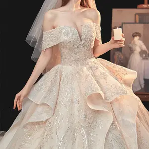 Y725 Sexy European Bride One Word Shoulder Wedding Dress Court Princess Outdoor Marriage Party Ball Gowns With Long Train