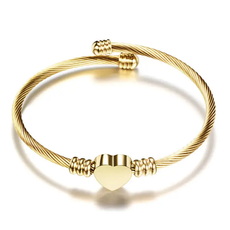 Bracelet en acier inoxydable, câble torsadé en acier inoxydable, 18K or 316L, breloque en forme de cœur, manchette, mode, ouverture ajustable, bijoux pour femmes