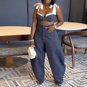 Women's Fall New Arrivals Fashionable Sexy <b>Patchwork</b> Strappy Crop <b>Top</b> Wide-Leg Pants Striped Casual 2-Piece Set Fashion - Product Image 5