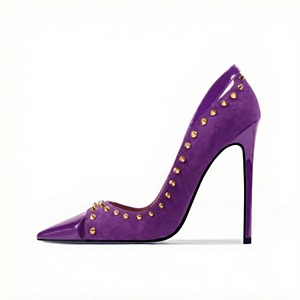Nouveau à la mode femmes bout pointu talons hauts PU et <span class=keywords><strong>Faux</strong></span> daim mixte découpe conception Rivet décor soirée pompes - Product Image 6